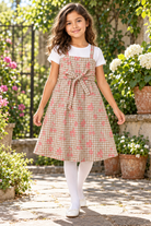 Girls plaid fruit print dress on child model, lifestyle