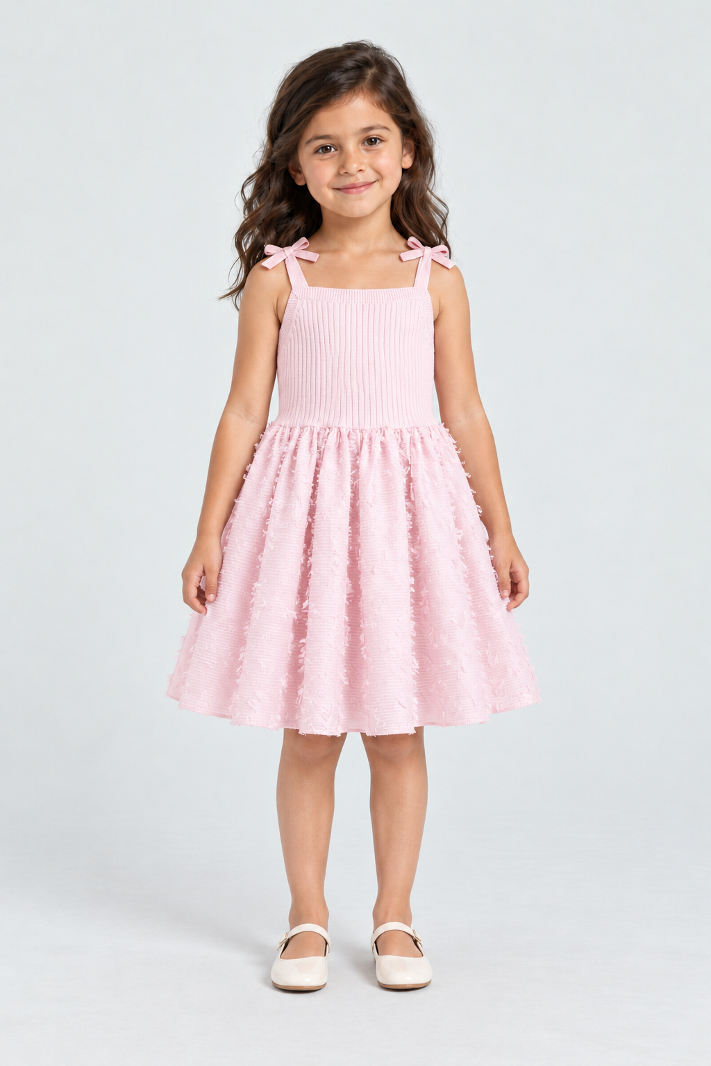 فستان بناتى مخصر بحمالة فيونكه — front model view