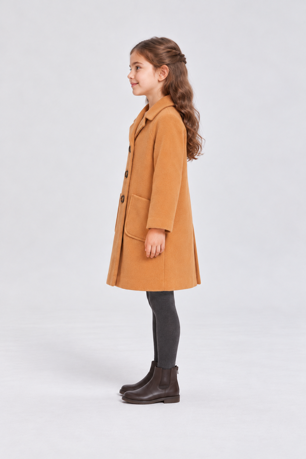 Gingersnaps camel coat on child model, right side view