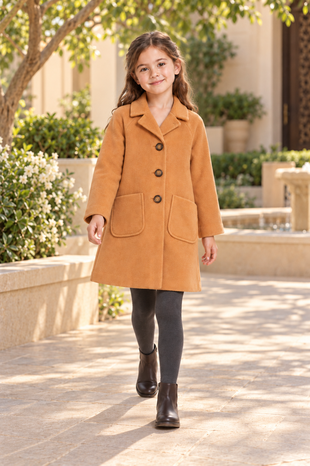 Gingersnaps camel coat on child model, outdoor lifestyle view
