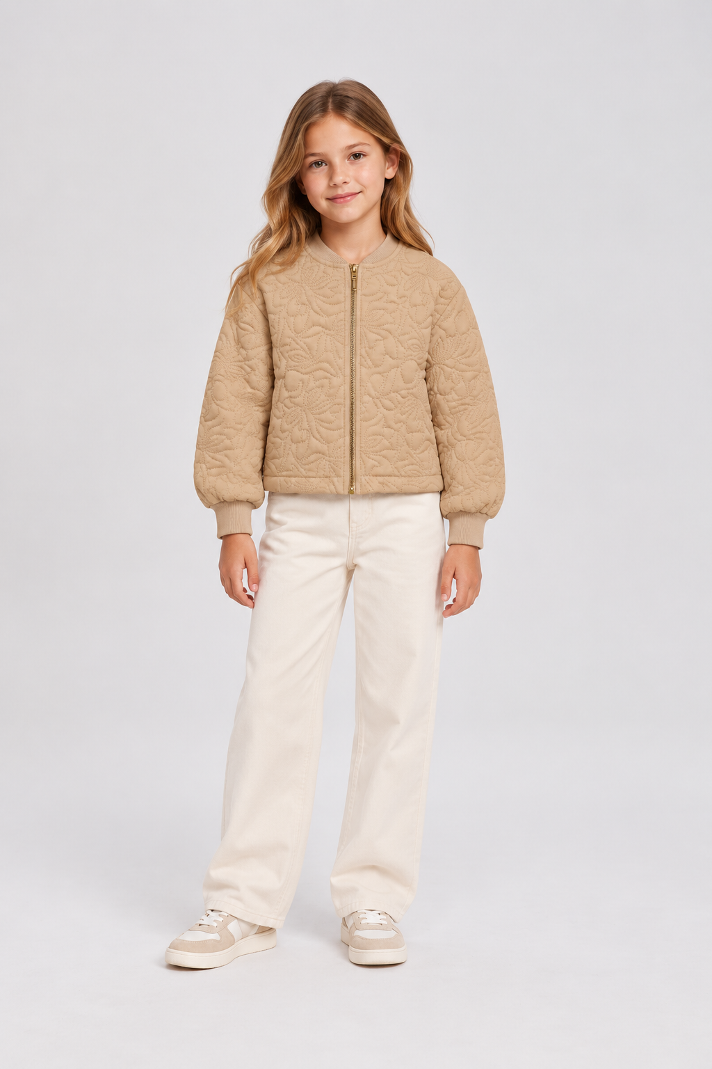 GJK0197 beige quilted jacket, front model view