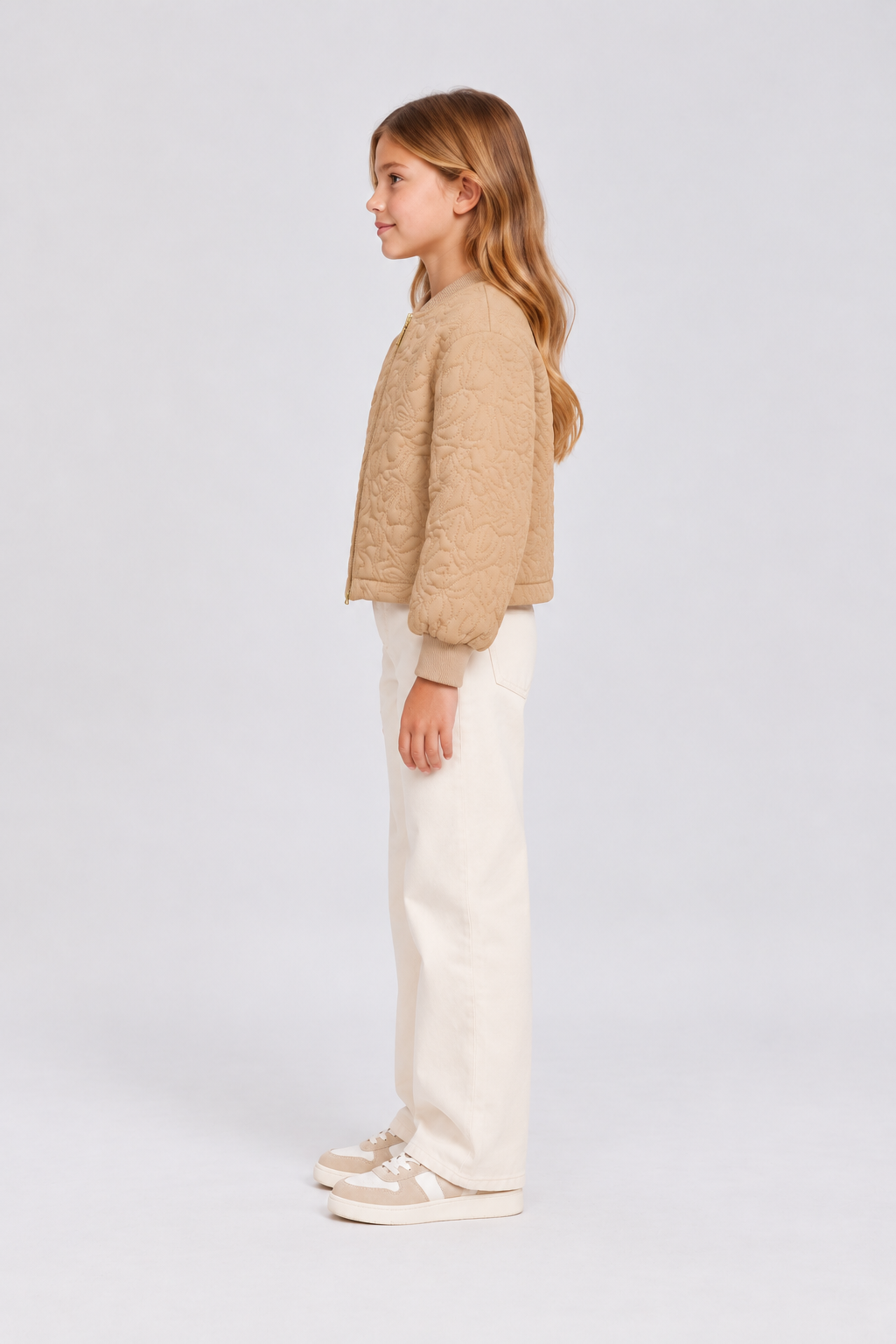 GJK0197 beige quilted jacket, left model view
