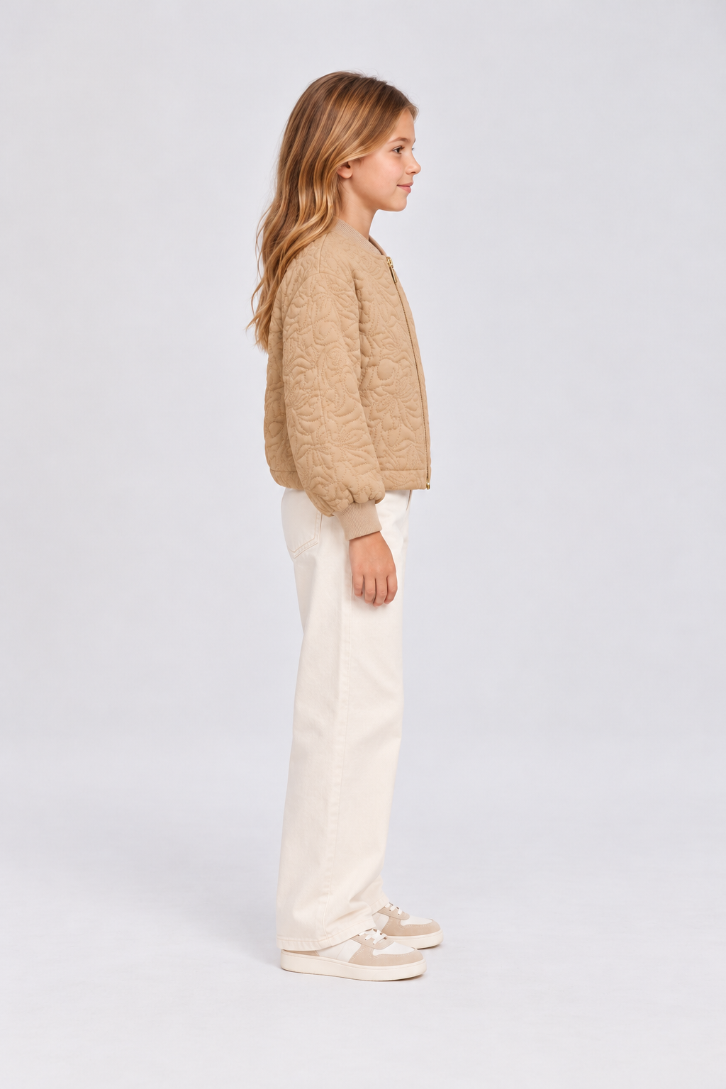 GJK0197 beige quilted jacket, right model view