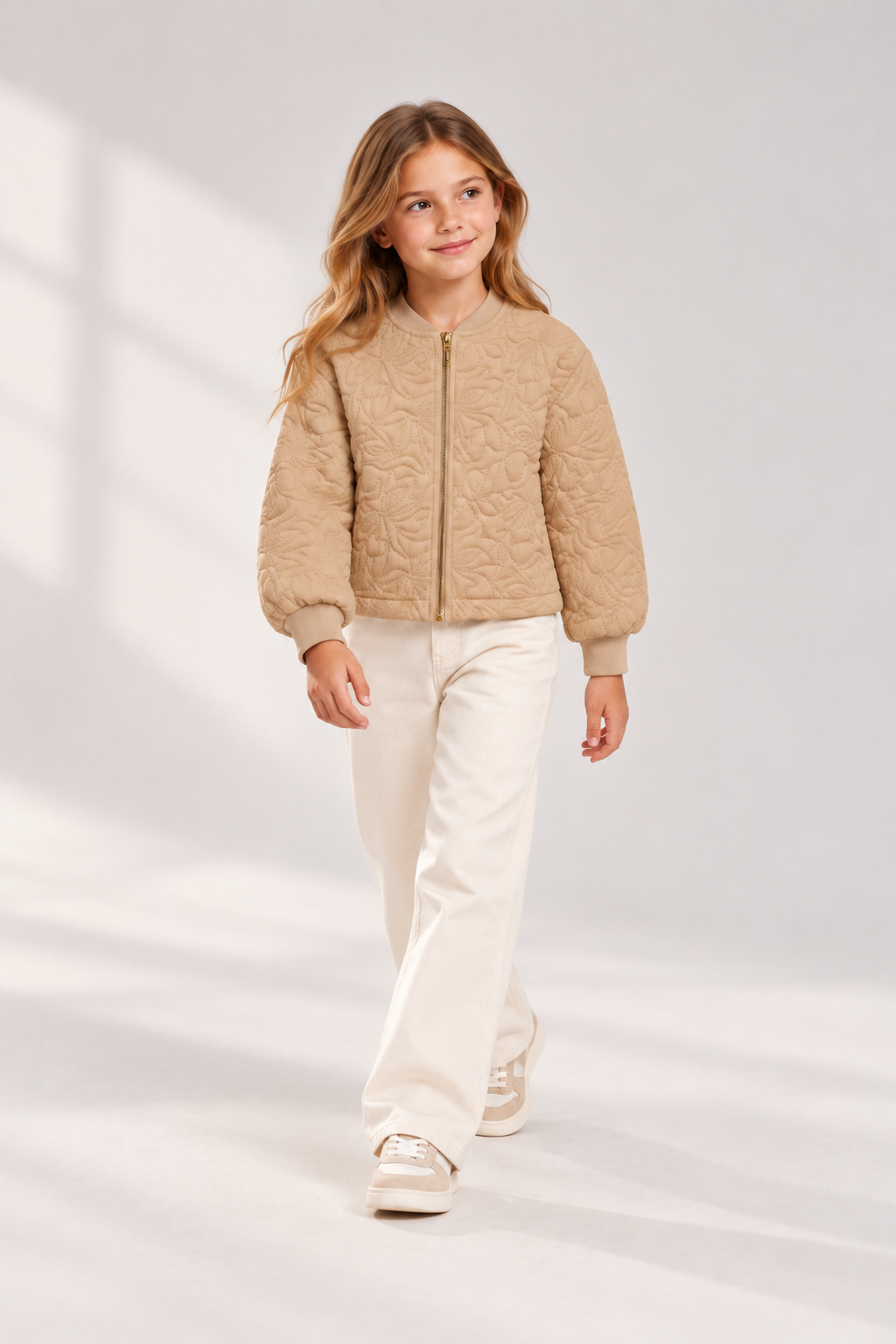 GJK0197 beige quilted jacket, lifestyle view