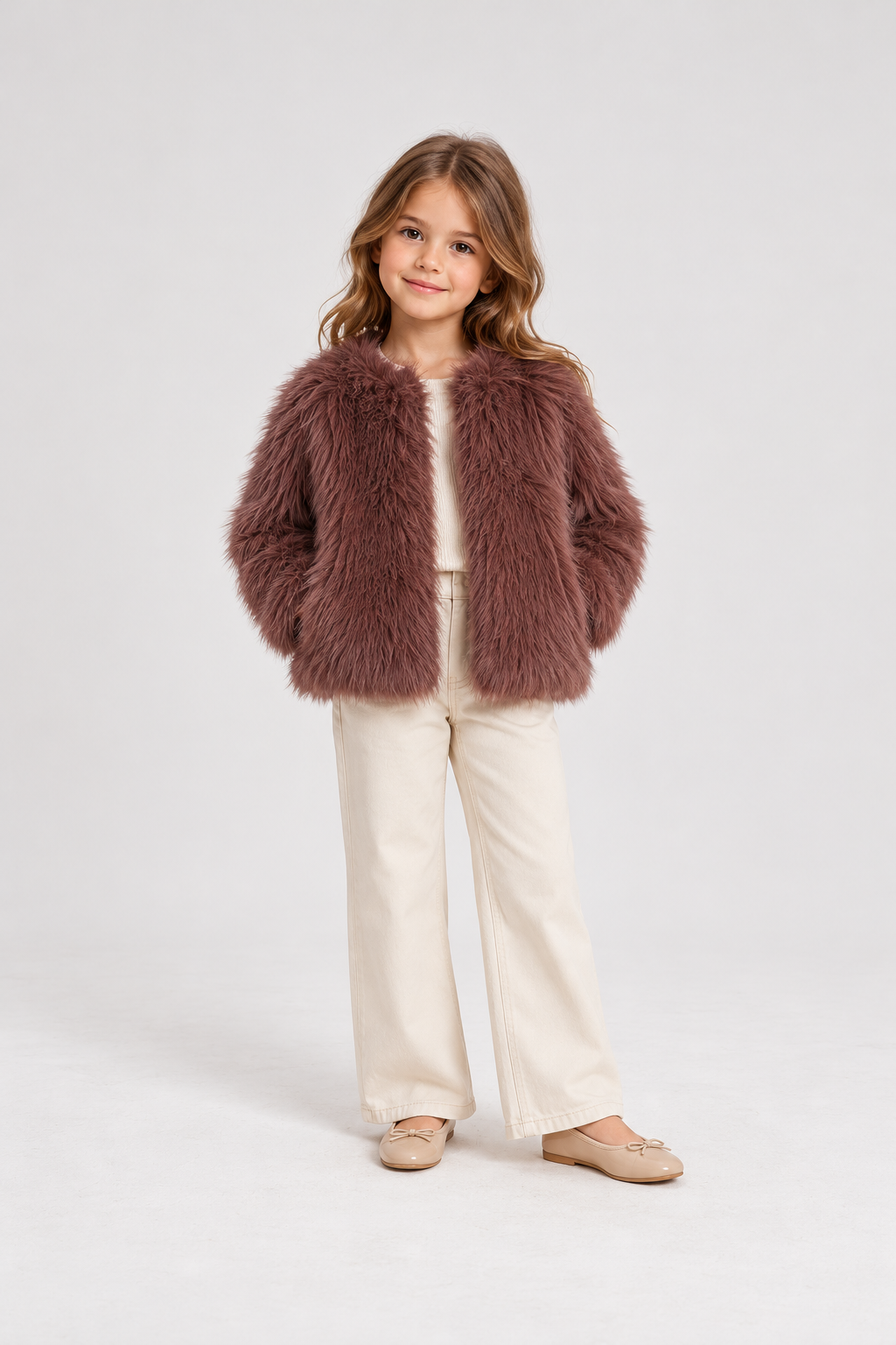 Gingersnaps dusty mauve faux fur jacket on child model, front view