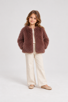 Gingersnaps dusty mauve faux fur jacket on child model, front view