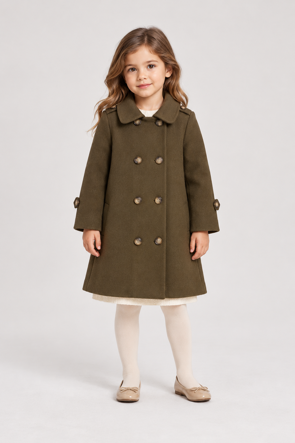 Front girl model view of Gingersnaps olive winter coat