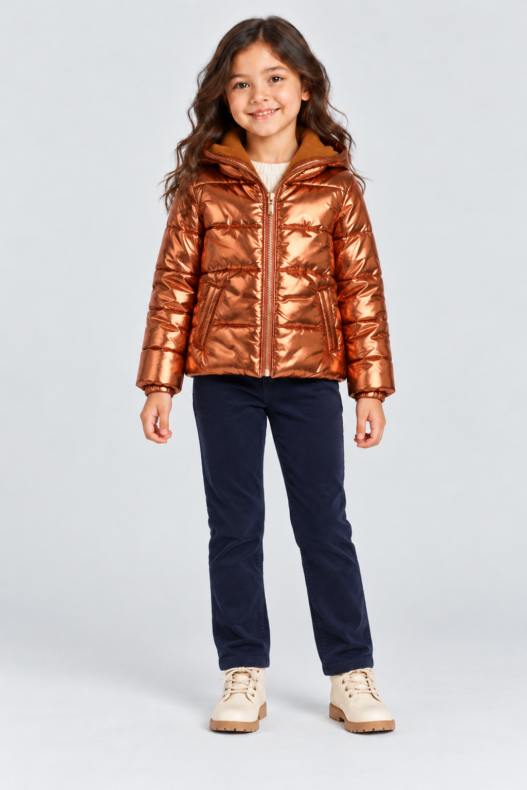 Girls’ metallic copper hooded puffer jacket, full front on child model Lina