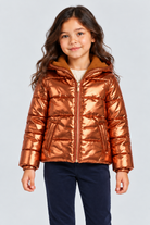 Girls’ metallic copper hooded puffer jacket, complete front detail on Lina
