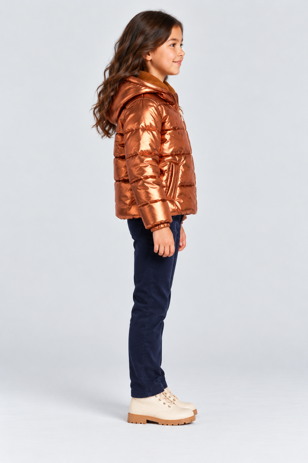 Girls’ metallic copper hooded puffer jacket, side view on Lina