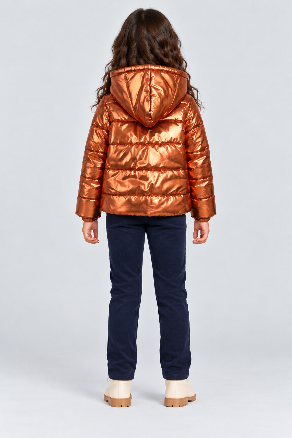 Girls’ metallic copper hooded puffer jacket, back view on Lina