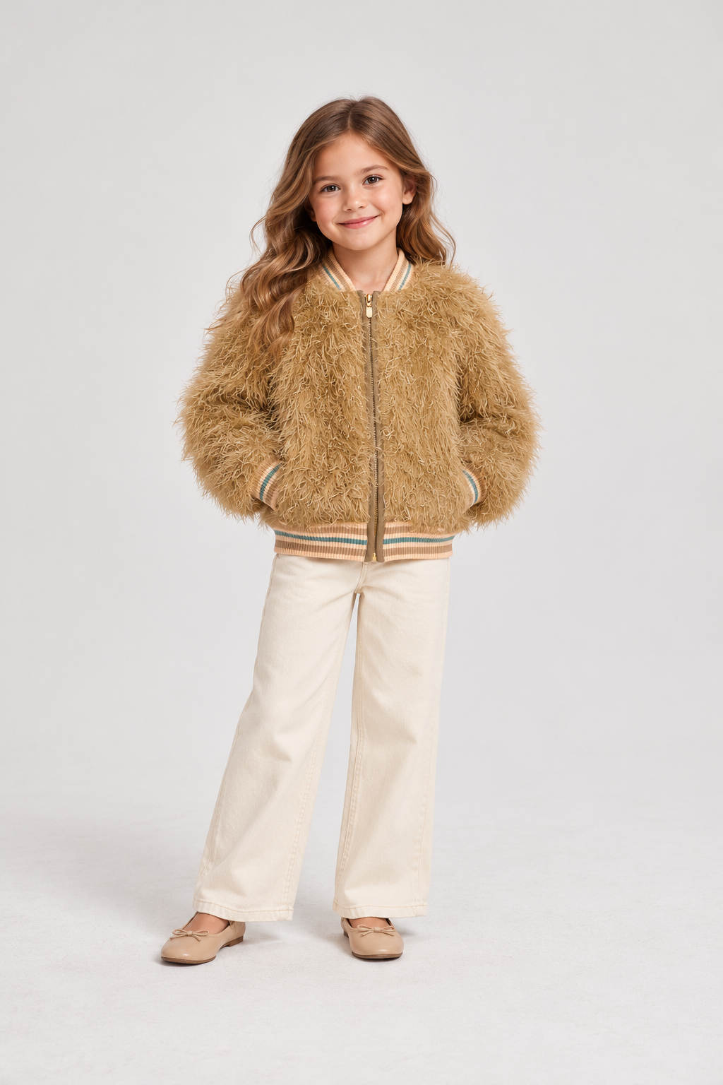 Gingersnaps fuzzy zip jacket on child model, front view