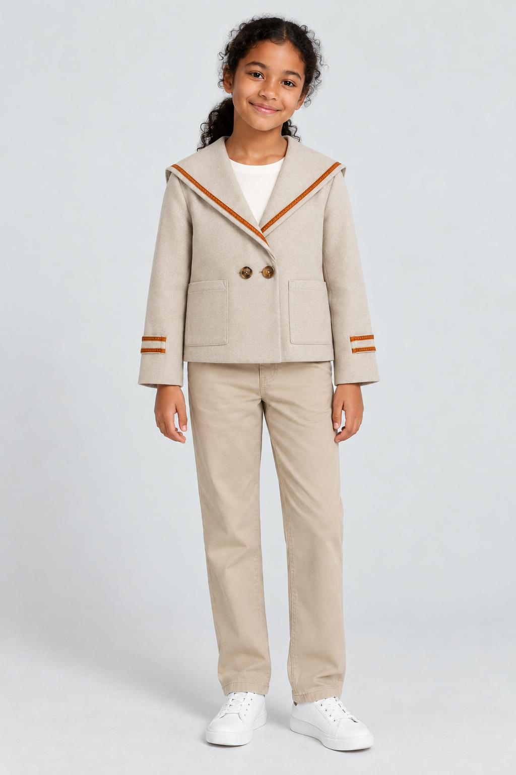 جاكيت بناتي سادة بجيوب, beige, front model view