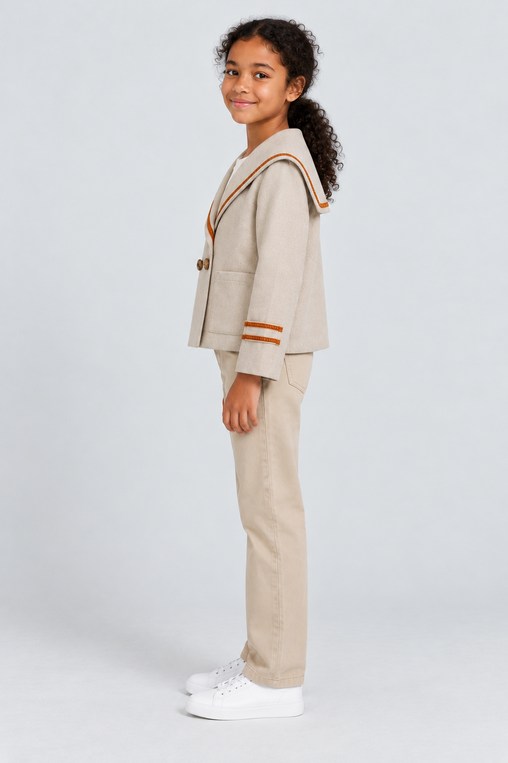 جاكيت بناتي سادة بجيوب, beige, side model view