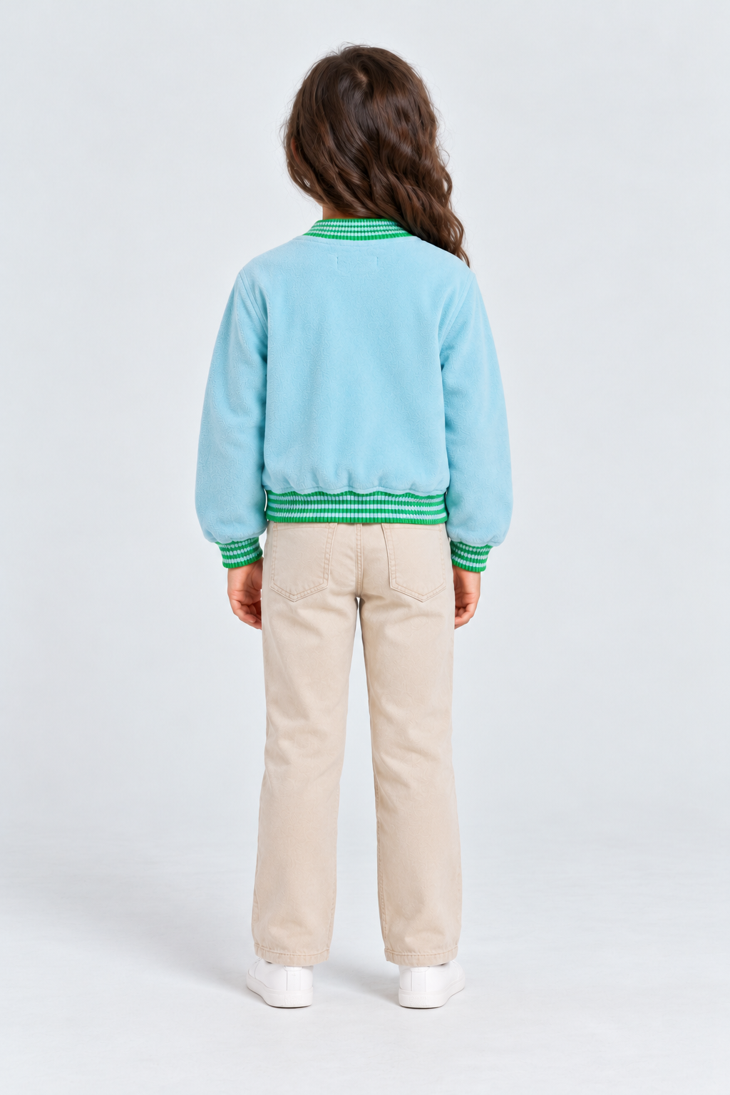 جاكيت سادة بسحاب أمامي كم طويل بناتي, blue, back model view