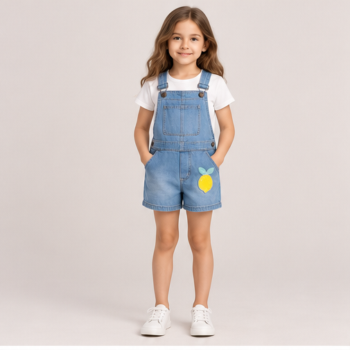 front view of girls gjs0258 denim short overalls on girl model