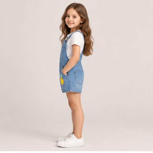 left view of girls gjs0258 denim short overalls on girl model