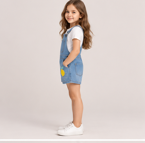right view of girls gjs0258 denim short overalls on girl model