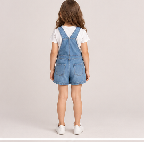 back view of girls gjs0258 denim short overalls on girl model
