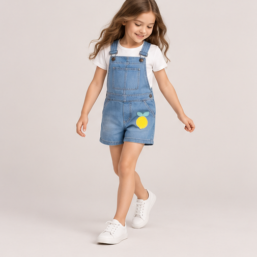 lifestyle view of girls gjs0258 denim short overalls on girl model