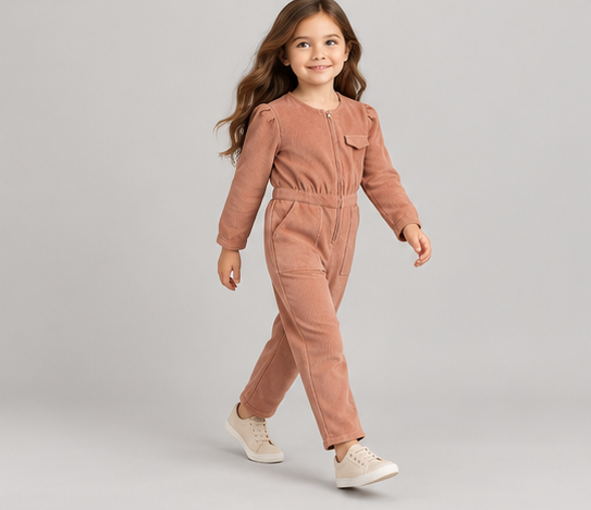 gjs0335 lifestyle view, girls corduroy jumpsuit on child model