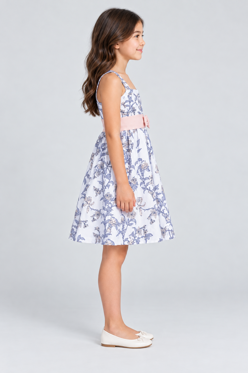 Gingersnaps floral girls dress, side view on Lina