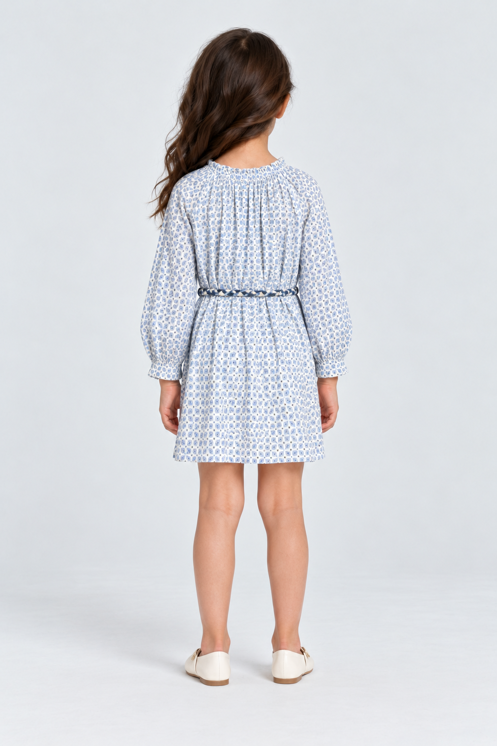 فستان بناتي منقوش طويل كم طويل, grey, back model view