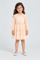 فستان شيفون واسع منقوش كم طويل بناتي, peach, front model view