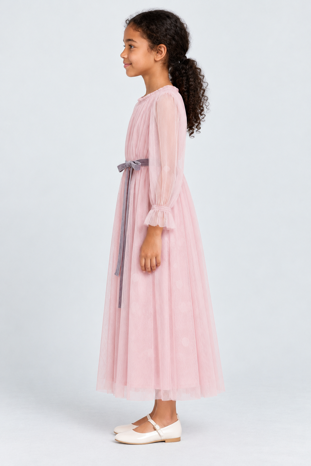 فستان طويل حزام على الخصر كم طويل بناتي — side model view