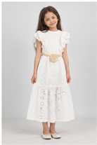 Girls' long white eyelet dress with rosette belt on child model, front view