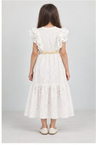 Girls' long white eyelet dress with rosette belt on child model, back view