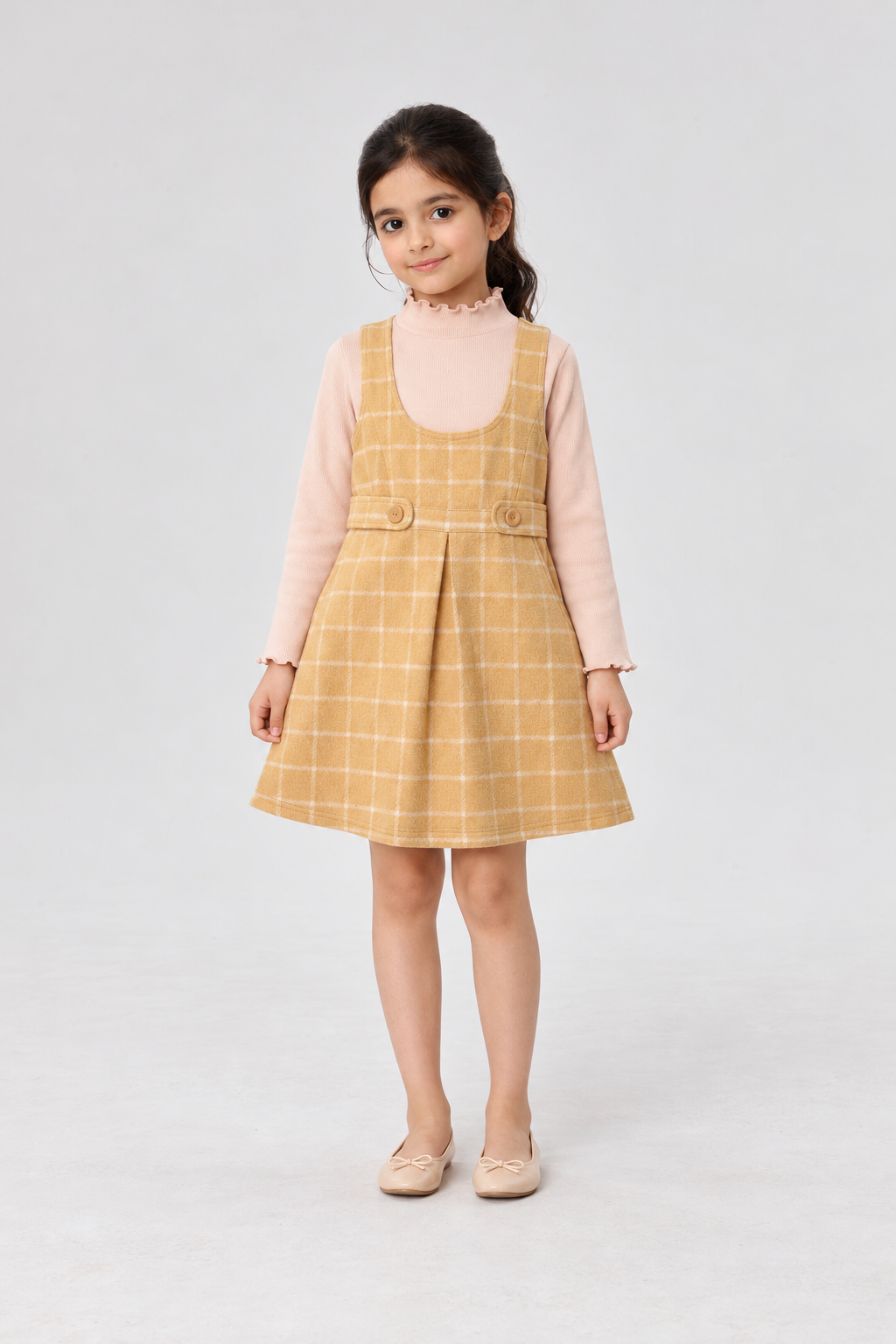 GKDRSET00192 mustard plaid layered pinafore front model view