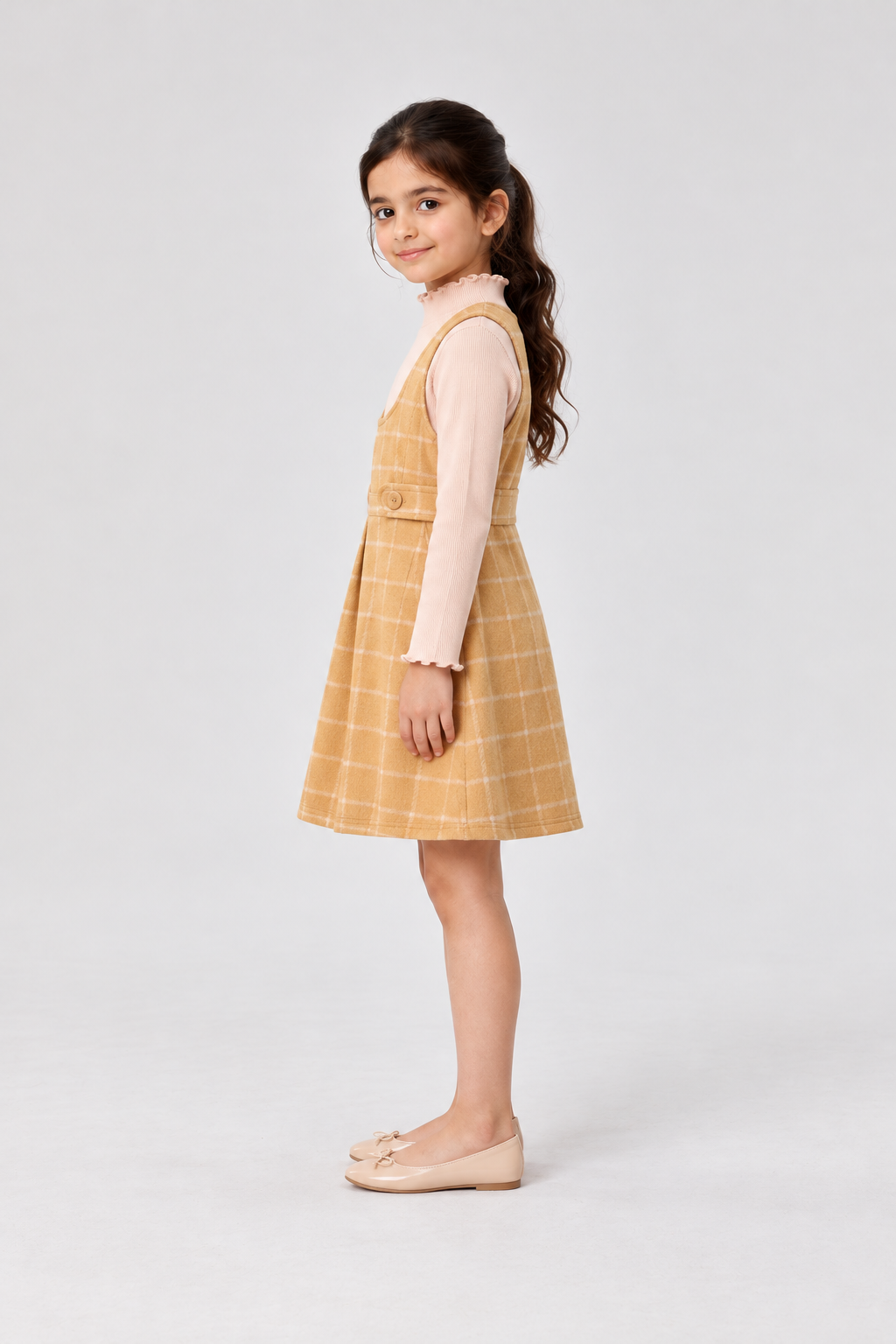 GKDRSET00192 mustard plaid layered pinafore left model view