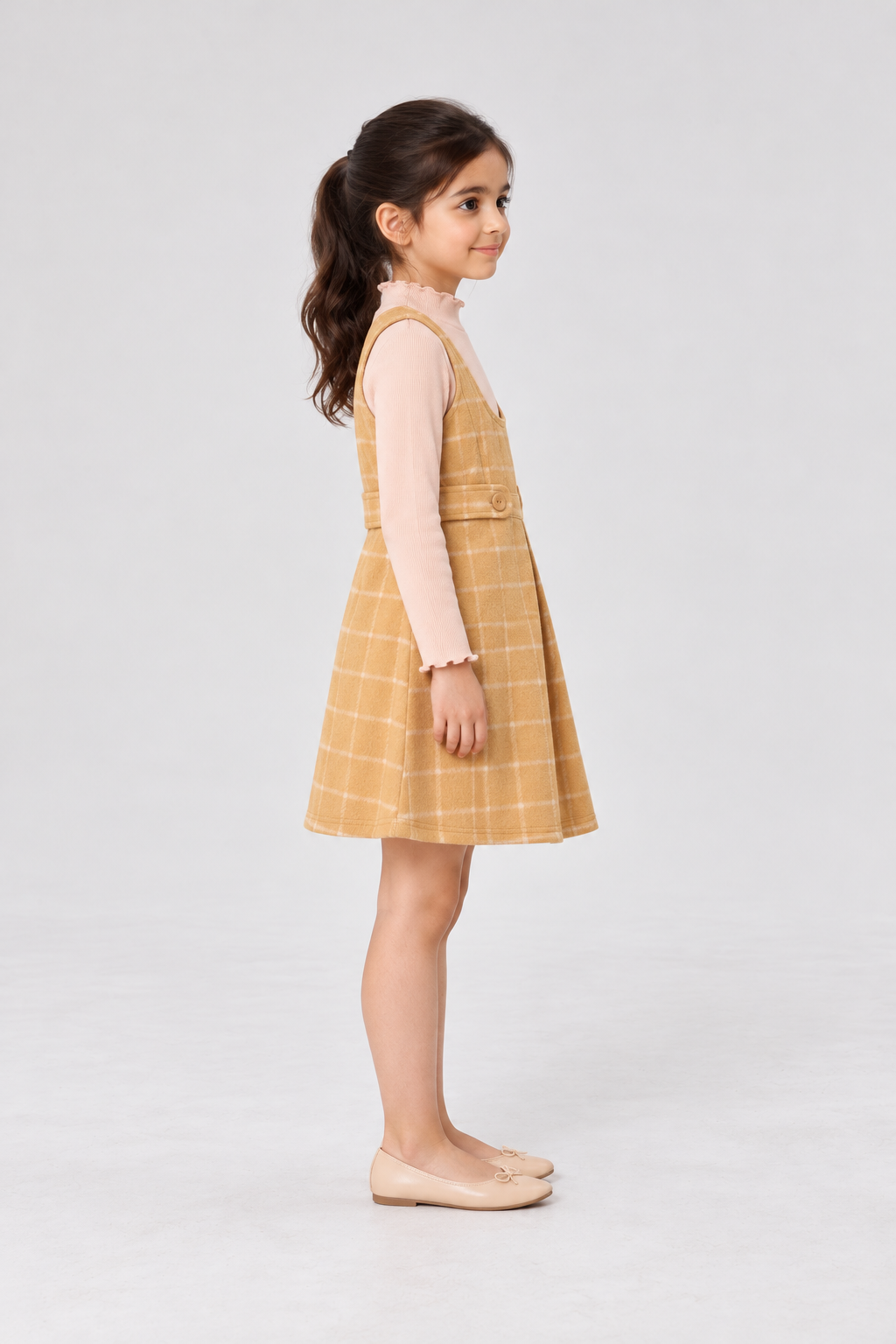 GKDRSET00192 mustard plaid layered pinafore right model view