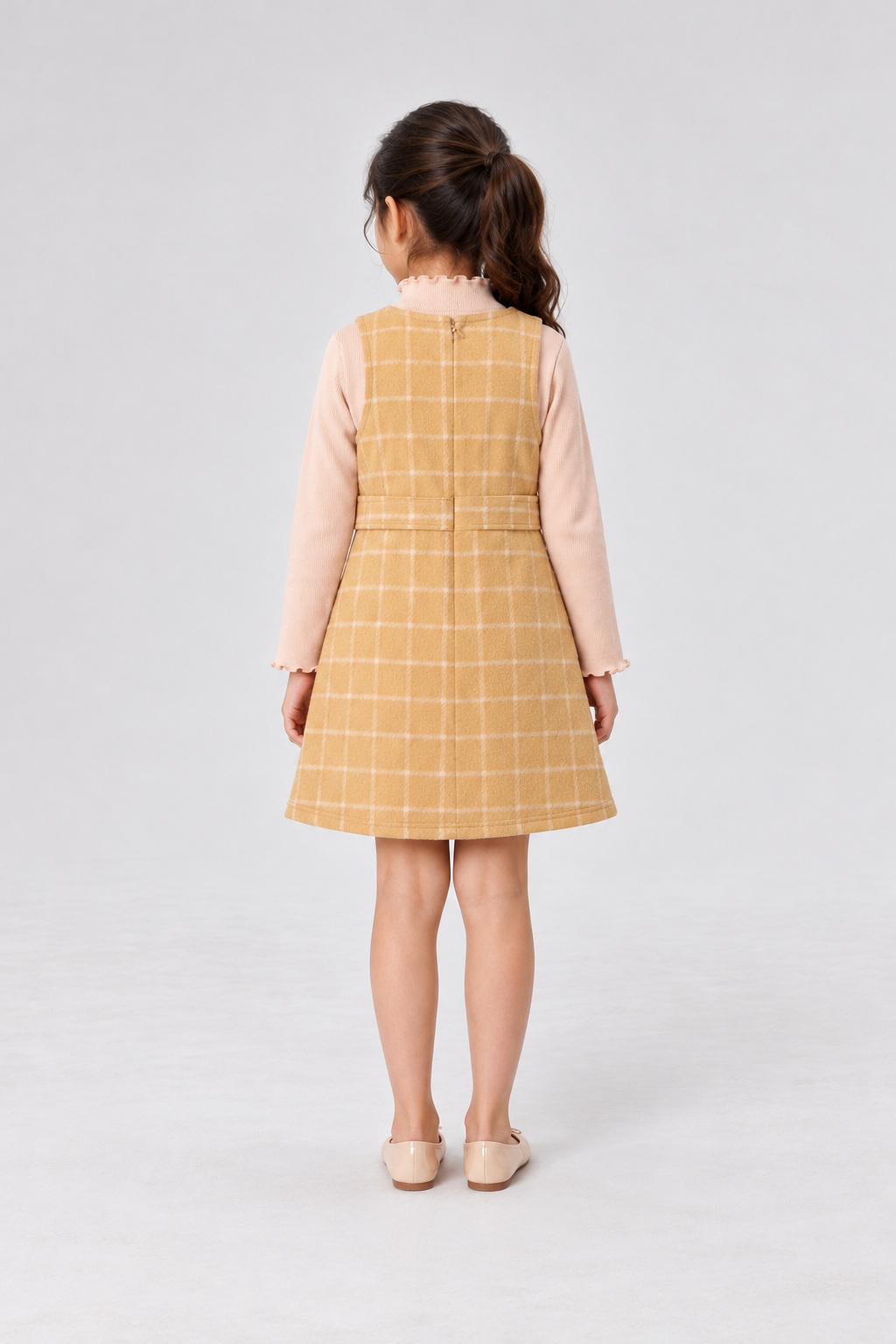 GKDRSET00192 mustard plaid layered pinafore back model view