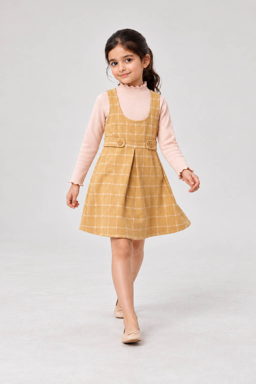 GKDRSET00192 mustard plaid layered pinafore lifestyle view