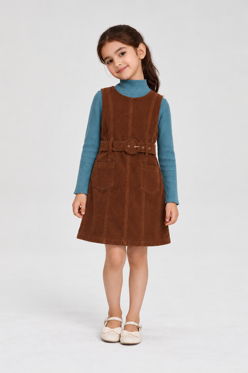 GKDRSET00203 brown corduroy layered pinafore front model view
