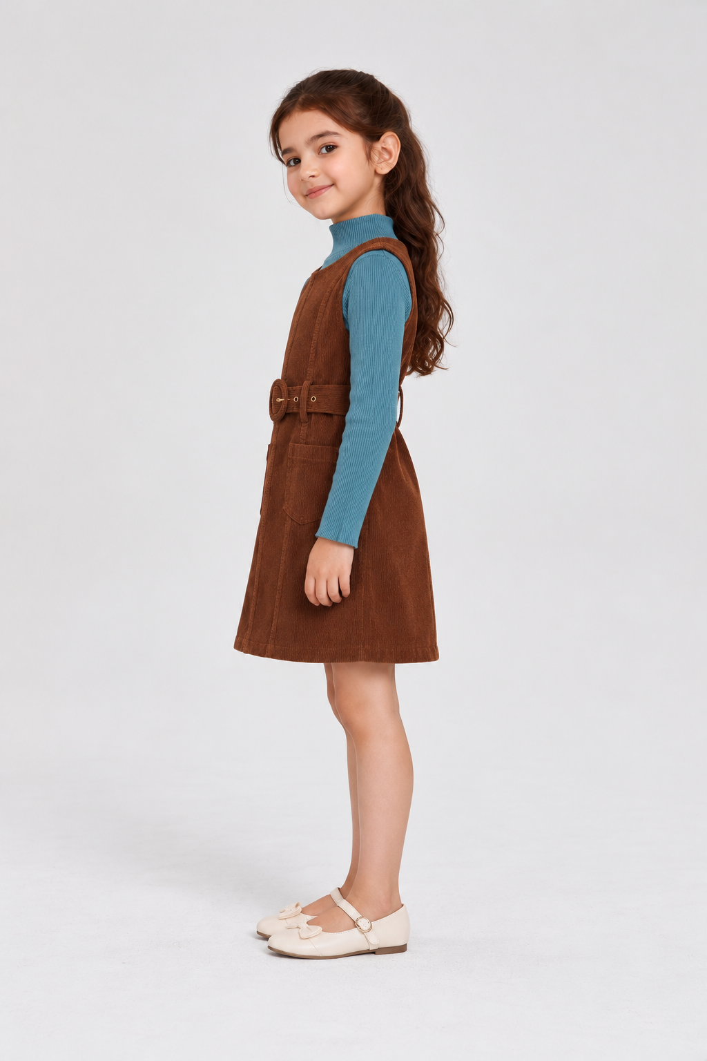 GKDRSET00203 brown corduroy layered pinafore left model view