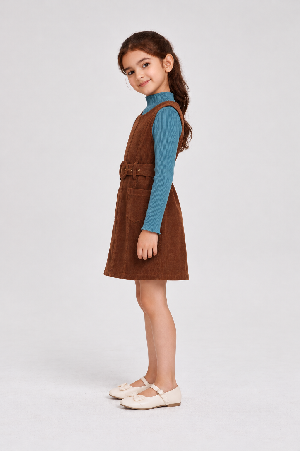 GKDRSET00203 brown corduroy layered pinafore right model view