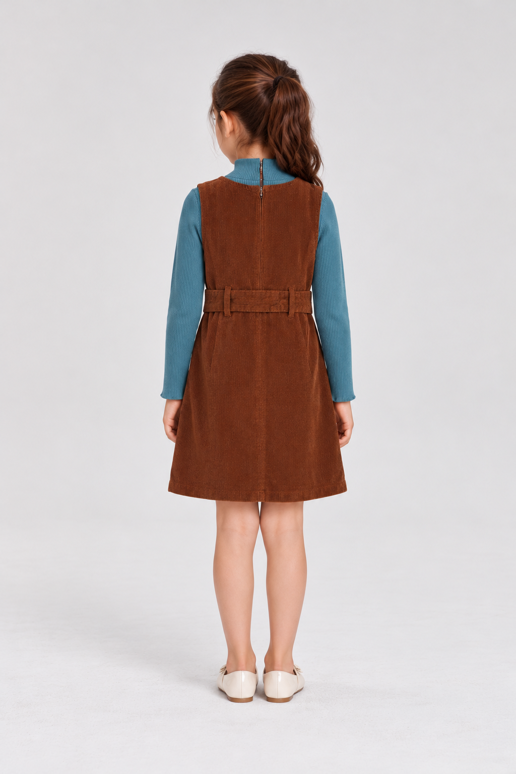 GKDRSET00203 brown corduroy layered pinafore back model view