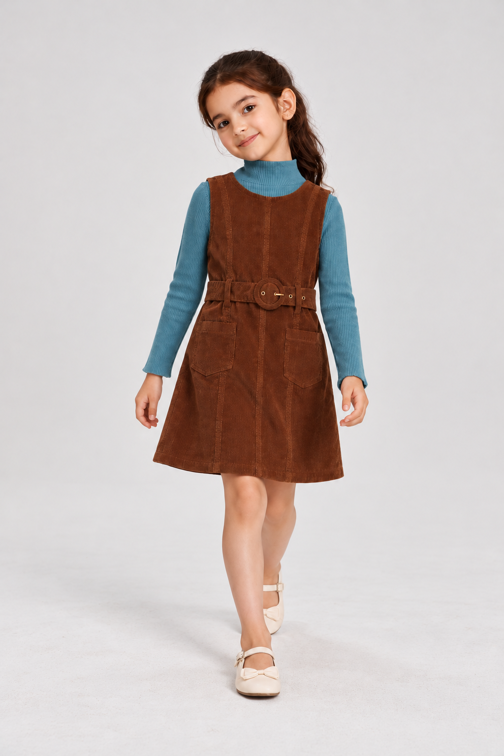 GKDRSET00203 brown corduroy layered pinafore lifestyle view