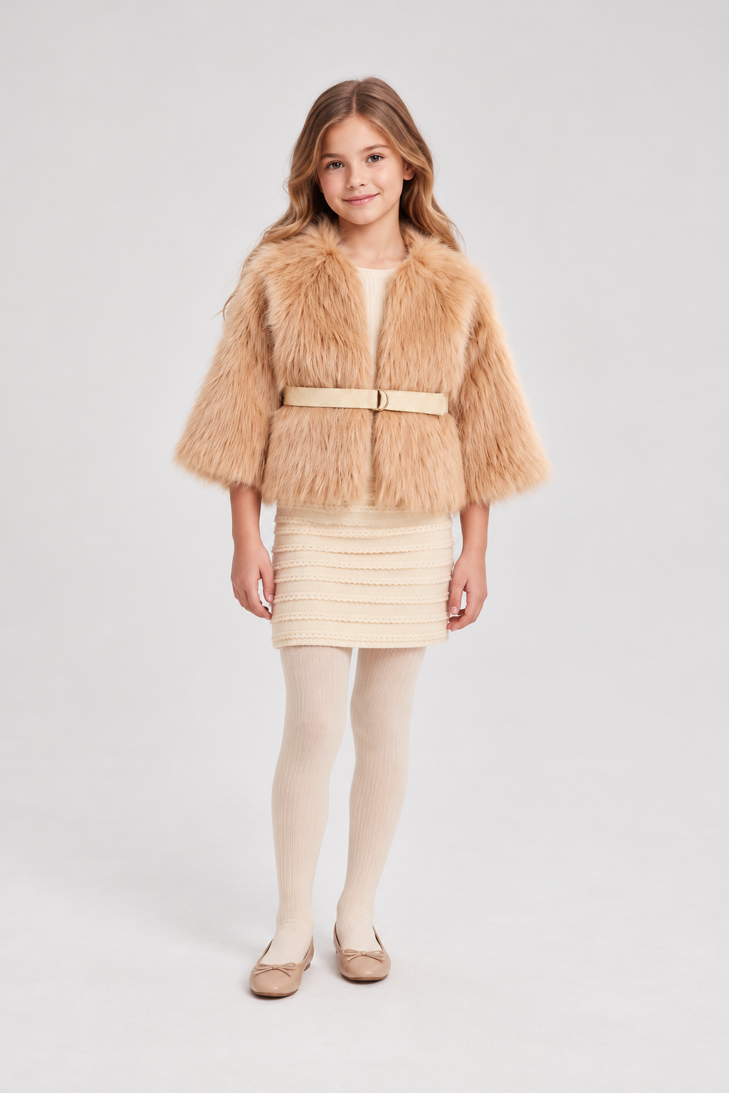 Front girl model view of Gingersnaps camel faux-fur jacket