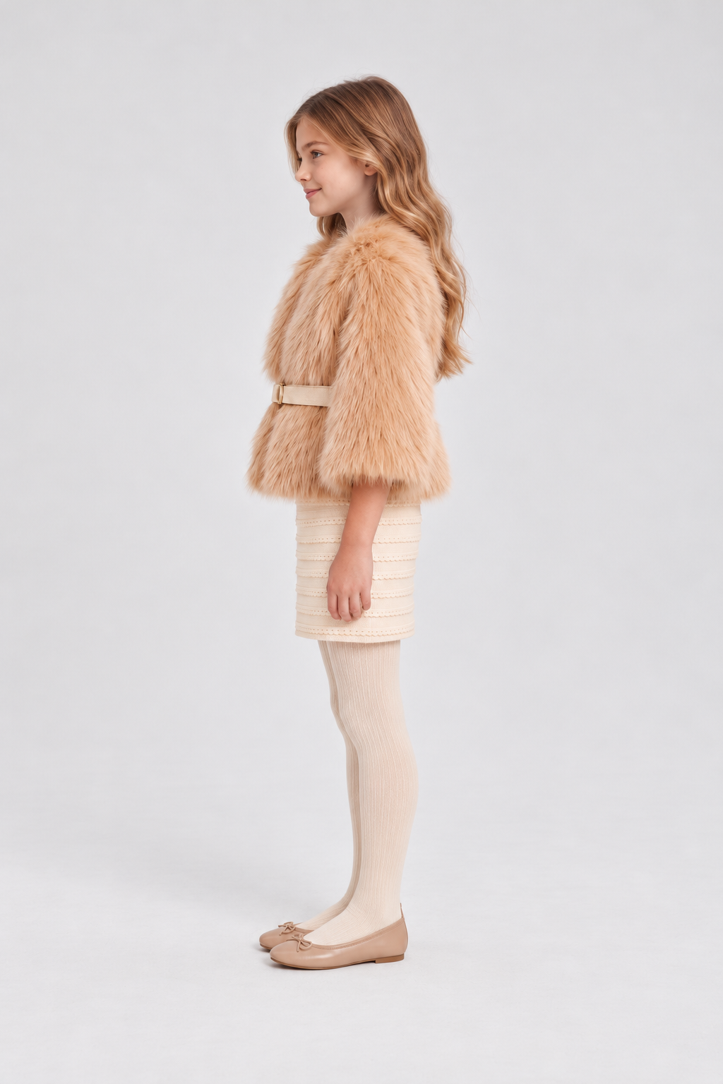 Left side girl model view of Gingersnaps camel faux-fur jacket