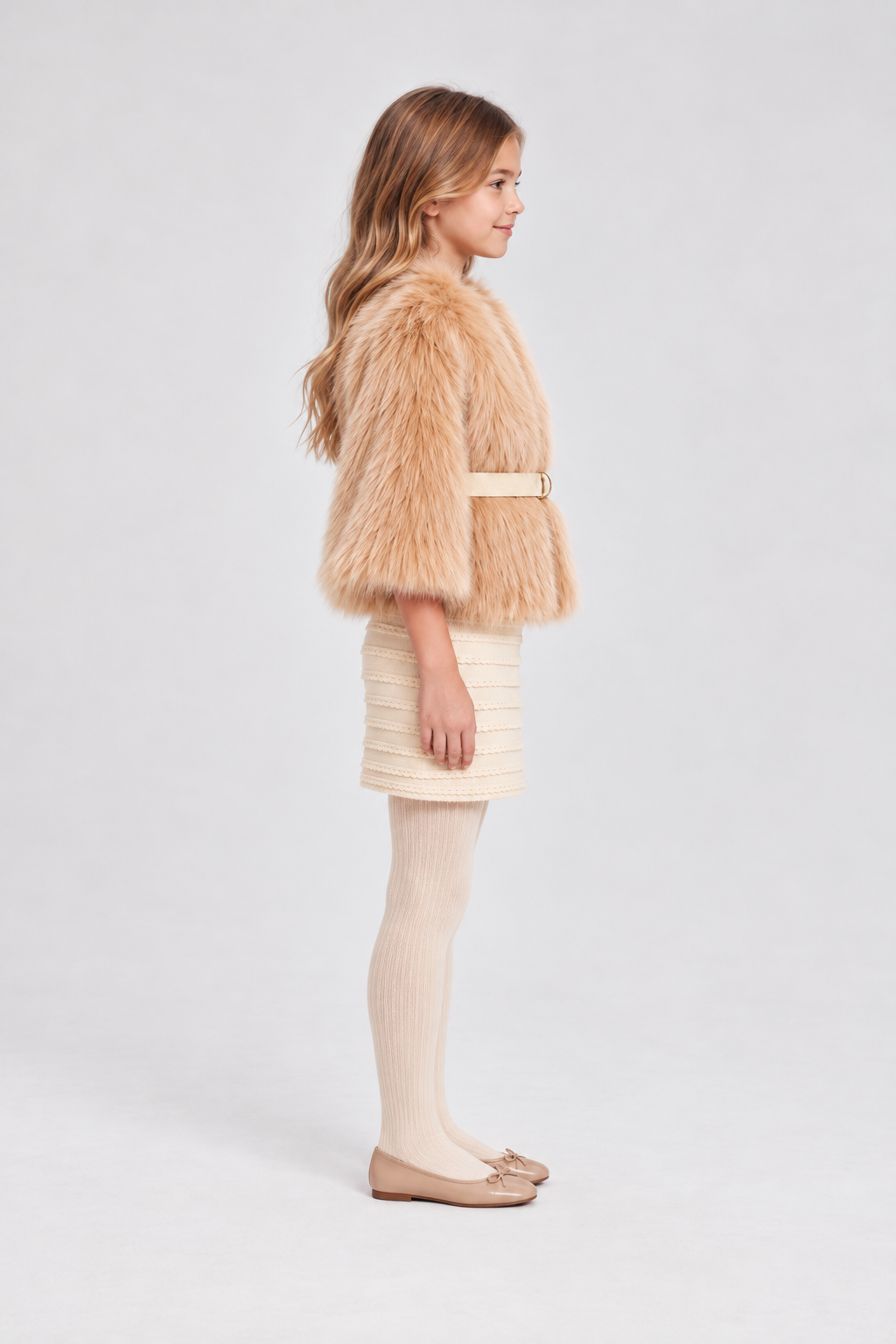 Right side girl model view of Gingersnaps camel faux-fur jacket