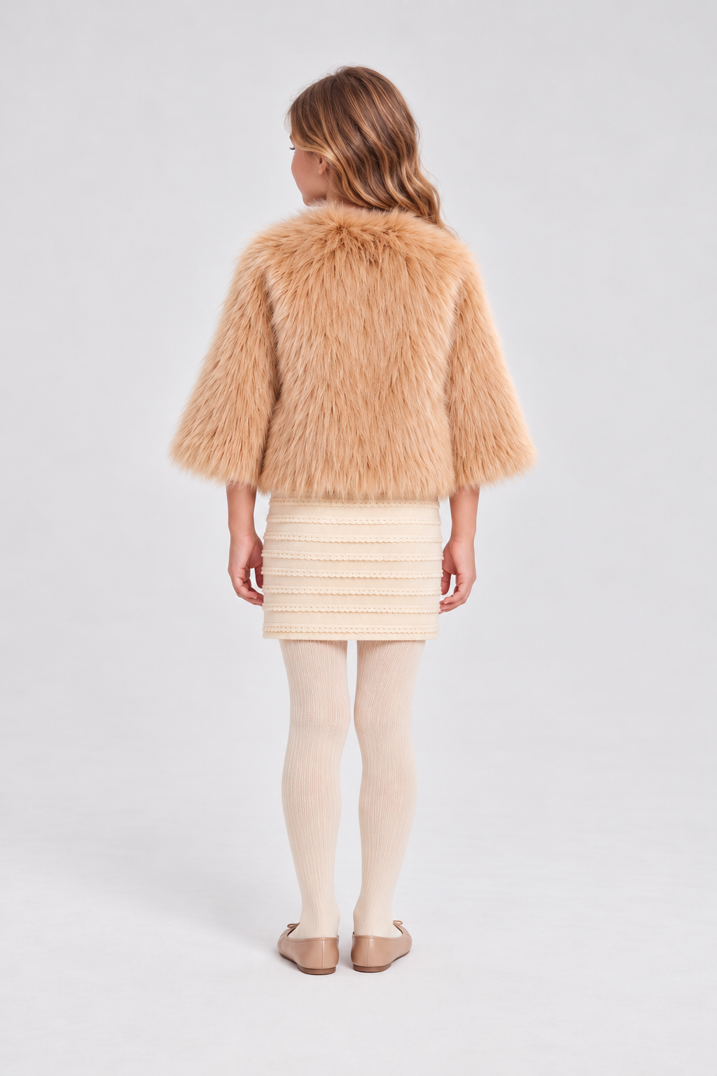 Back girl model view of Gingersnaps camel faux-fur jacket