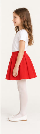 Left side view of Gingersnaps girls red pleated skirt