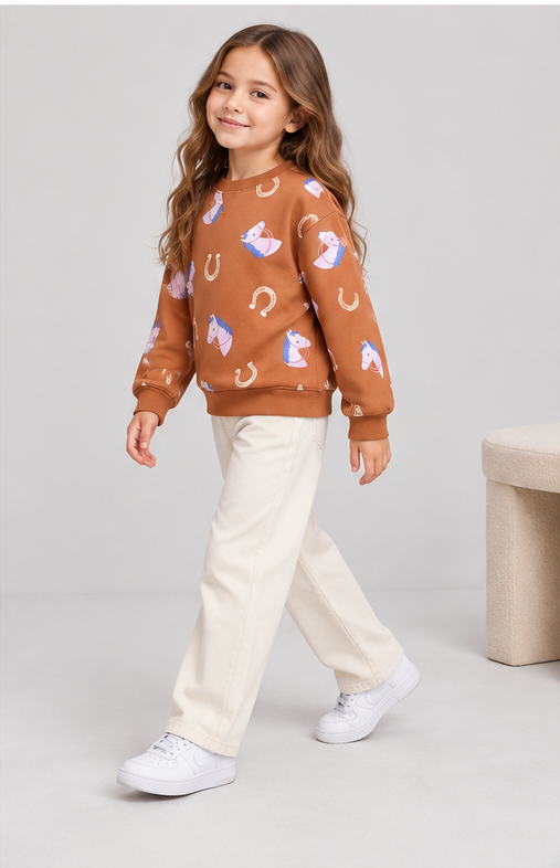 Child model wearing horse-print terracotta sweatshirt, lifestyle view