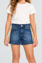 Gingersnaps dark denim shorts, garment-focused front detail on Lina