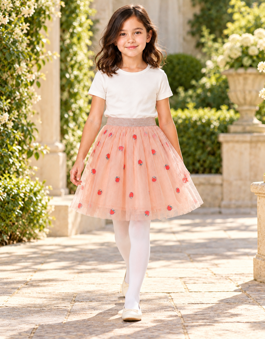 Girls peach strawberry tulle skirt, lifestyle