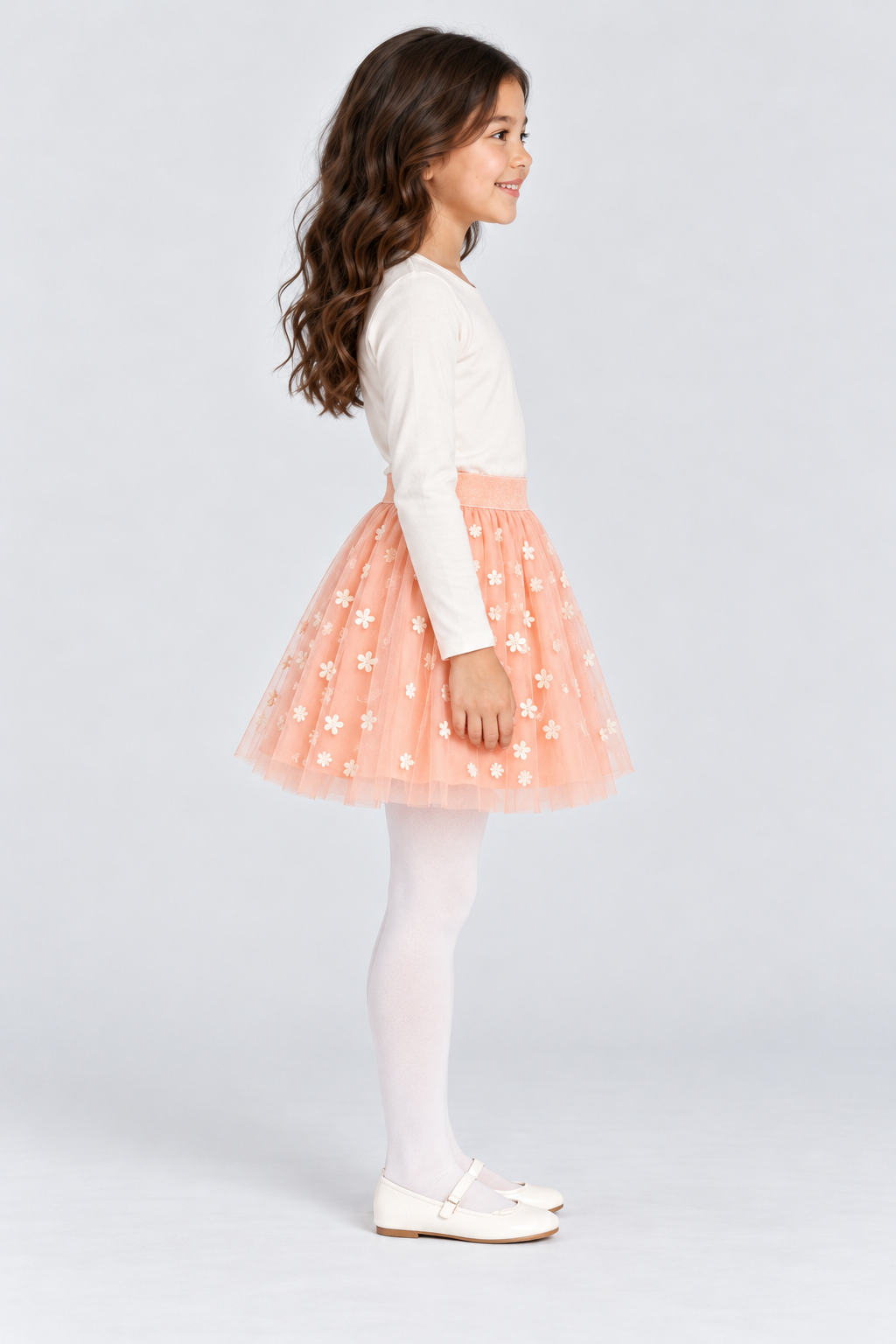 Girls’ blush-pink embroidered tulle skirt, side view on Lina